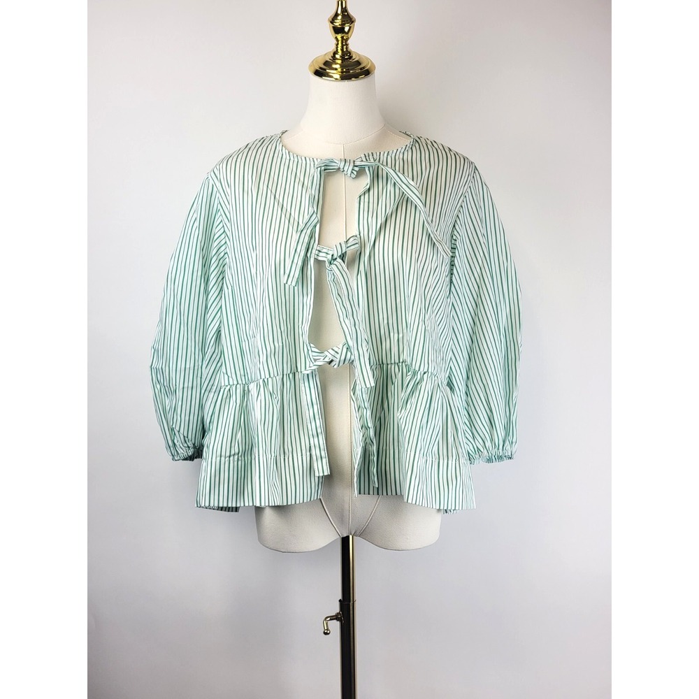 Womens Peplum Babydoll Top Large Green Stripes Tie Front Blouse Casual